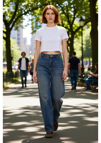 Kadın Yüksek Bel Geniş Paça Denim Pantolon Fonksiyonel Dayanıklı Kaliteli Konforlu Estetik fırsatları