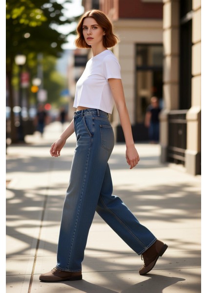 Kadın Yüksek Bel Geniş Paça Denim Pantolon Fonksiyonel Dayanıklı Kaliteli Konforlu Estetik indirimleri