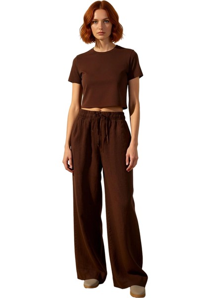 Kadın Yüksek Bel Geniş Paça Keten Pantolon Fonksiyonel Dayanıklı Kaliteli Konforlu Estetik