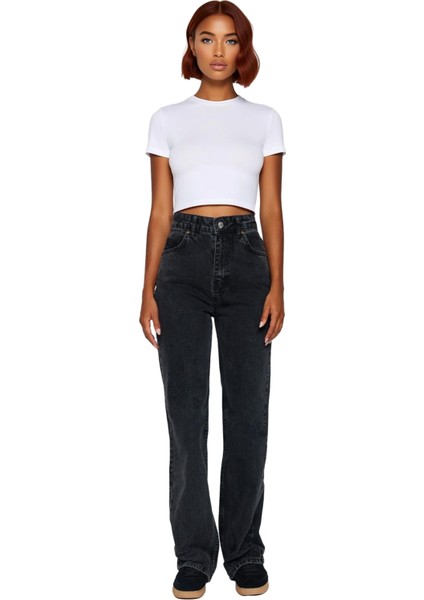 Kadın Yüksek Bel Geniş Paça Jean Pantolon Fonksiyonel Dayanıklı Kaliteli Konforlu Estetik Şık