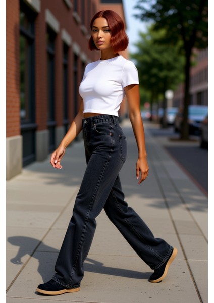 Kadın Yüksek Bel Geniş Paça Jean Pantolon Fonksiyonel Dayanıklı Kaliteli Konforlu Estetik Şık fırsatları