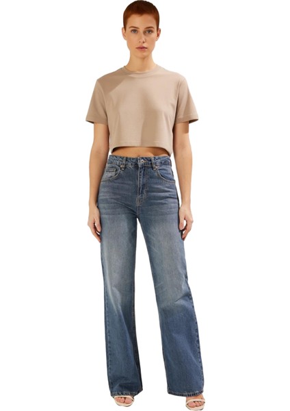 Kadın Yüksek Bel Geniş Paça Jean Pantolon Fonksiyonel Dayanıklı Kaliteli Konforlu Estetik Şık