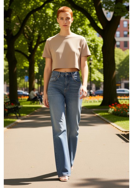 Kadın Yüksek Bel Geniş Paça Jean Pantolon Fonksiyonel Dayanıklı Kaliteli Konforlu Estetik Şık fırsatları