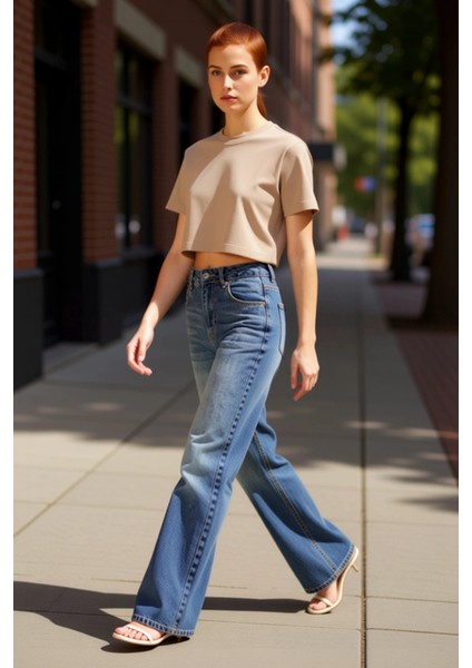 Kadın Yüksek Bel Geniş Paça Jean Pantolon Fonksiyonel Dayanıklı Kaliteli Konforlu Estetik Şık indirimleri