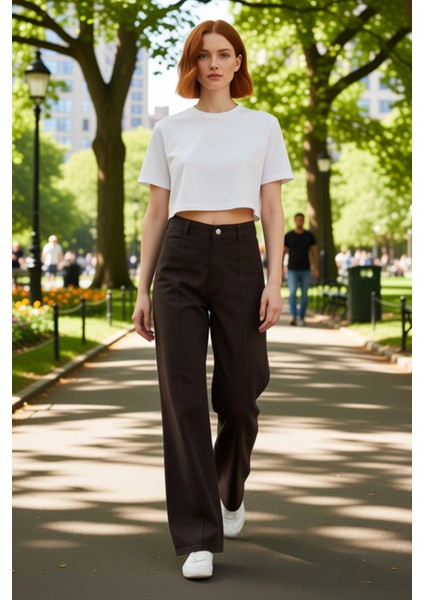 Kadın Geniş Paça Dikiş Detaylı Jean Fonksiyonel Dayanıklı Kaliteli Konforlu Estetik Modern fırsatları