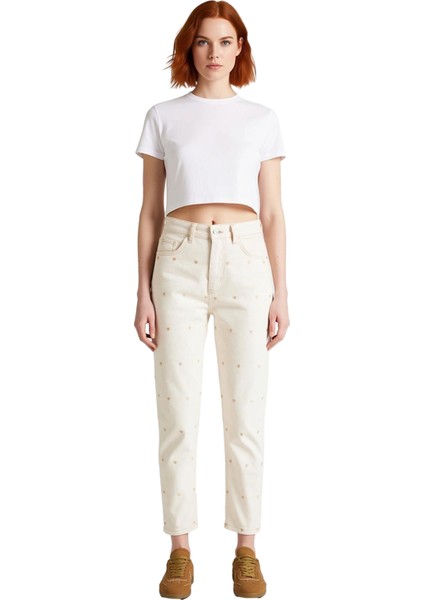 Kadın Kalp Motifli Yüksek Bel Bol Paça Jean Pantolon Fonksiyonel Dayanıklı Kaliteli Modern