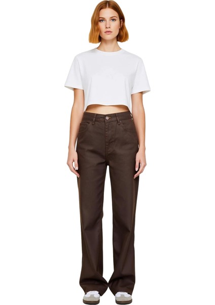 Kadın Yüksek Bel Geniş Paça Denim Pantolon Fonksiyonel Dayanıklı Kaliteli Konforlu Estetik