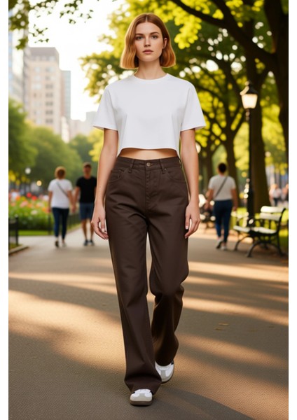 Kadın Yüksek Bel Geniş Paça Denim Pantolon Fonksiyonel Dayanıklı Kaliteli Konforlu Estetik fırsatları