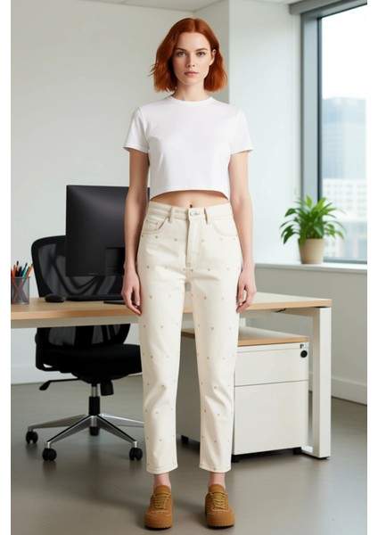 Kadın Kalp Motifli Yüksek Bel Bol Paça Jean Pantolon Fonksiyonel Dayanıklı Kaliteli Modern modelleri