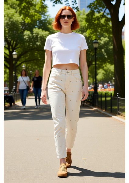 Kadın Kalp Motifli Yüksek Bel Bol Paça Jean Pantolon Fonksiyonel Dayanıklı Kaliteli Modern fırsatları