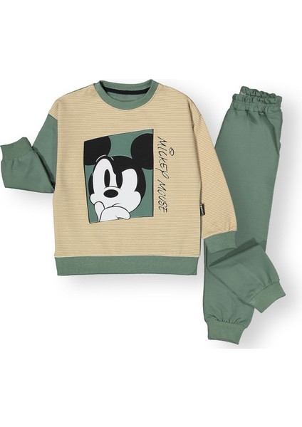 2-5 Yaş Mickey Mouse Baskılı Çizgili Bisiklet Yaka Çocuk Eşofman Takımı | Mevsimlik