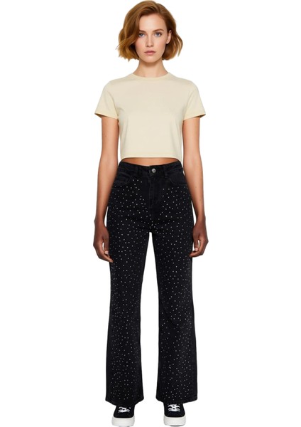 Kadın Taş Detaylı Yüksek Bel Bol Paça Pantolon Fonksiyonel Dayanıklı Kaliteli Konforlu Şık