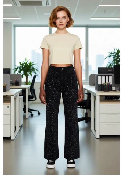 Kadın Taş Detaylı Yüksek Bel Bol Paça Pantolon Fonksiyonel Dayanıklı Kaliteli Konforlu Şık fiyatları
