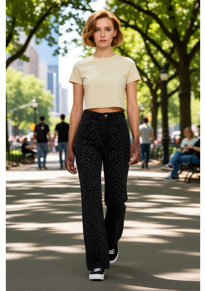 Kadın Taş Detaylı Yüksek Bel Bol Paça Pantolon Fonksiyonel Dayanıklı Kaliteli Konforlu Şık modelleri