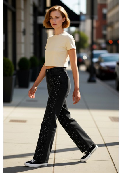 Kadın Taş Detaylı Yüksek Bel Bol Paça Pantolon Fonksiyonel Dayanıklı Kaliteli Konforlu Şık fırsatları