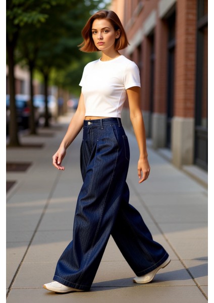 Kadın Koyu Yüksek Bel Pileli Bol Kesim Denim Pantolon Fonksiyonel Dayanıklı Kaliteli Rahat