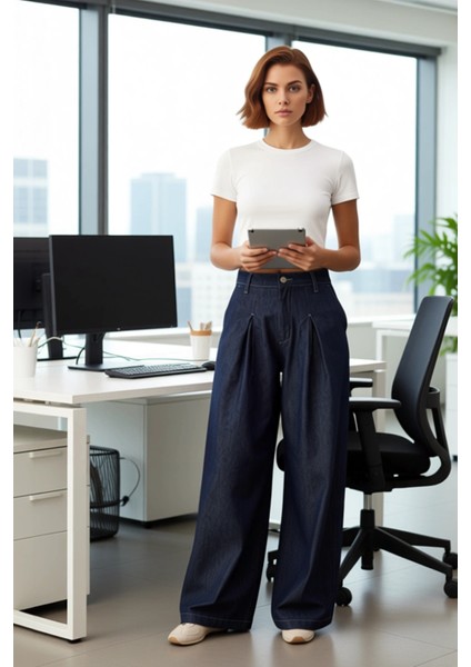 Kadın Koyu Yüksek Bel Pileli Bol Kesim Denim Pantolon Fonksiyonel Dayanıklı Kaliteli Rahat fiyatları