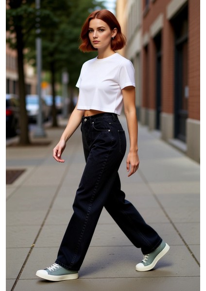 Dikiş Detaylı Yüksek Bel Geniş Paça Denim Pantolon Kadın Fonksiyonel Dayanıklı Kaliteli Şık