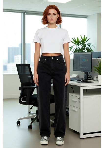 Dikiş Detaylı Yüksek Bel Geniş Paça Denim Pantolon Kadın Fonksiyonel Dayanıklı Kaliteli Şık fiyatları