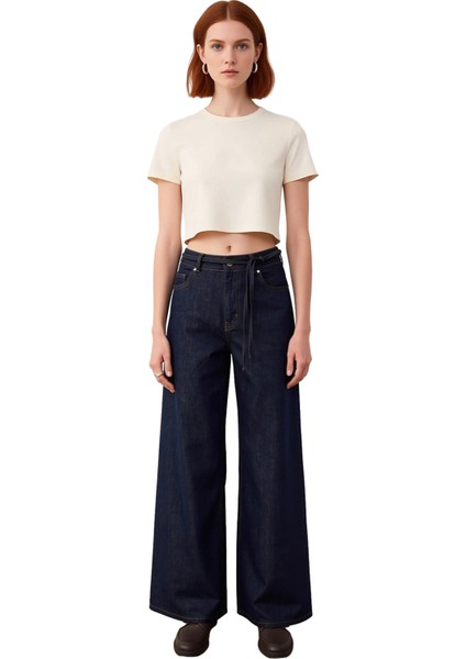 Kadin Yüksek Bel Bol Paça Denim Pantolon Çiçek Kemer Detayli Fonksiyonel Dayanıklı Estetik