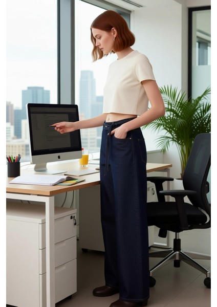 Kadin Yüksek Bel Bol Paça Denim Pantolon Çiçek Kemer Detayli Fonksiyonel Dayanıklı Estetik modelleri