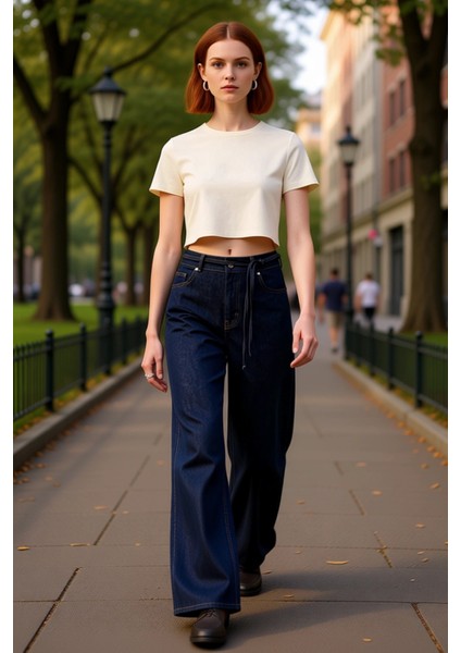 Kadin Yüksek Bel Bol Paça Denim Pantolon Çiçek Kemer Detayli Fonksiyonel Dayanıklı Estetik fırsatları