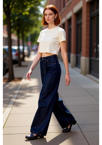 Kadin Yüksek Bel Bol Paça Denim Pantolon Çiçek Kemer Detayli Fonksiyonel Dayanıklı Estetik indirimleri