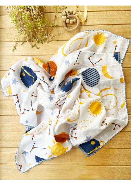 Tek Kat Gezegen Desenli %100 Pamuk Müslin Battaniye ve Örtü 85X80 cm