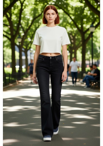 Kadın Flare Kesim Denim Pantolon Yüksek Bel Esnek Kumaş Günlük Stil Fonksiyonel Dayanıklı Şık fırsatları