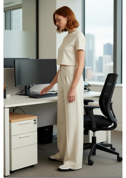 Kadın Haki Wide Leg Pilili Pantolon Fonksiyonel Dayanıklı Kaliteli Konforlu Estetik Modern