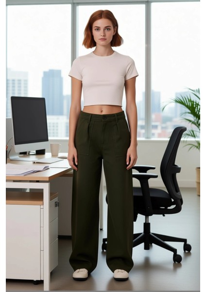 Kadın Haki Gabardin Yüksek Bel Geniş Paça Pantolon Fonksiyonel Dayanıklı Kaliteli Konforlu