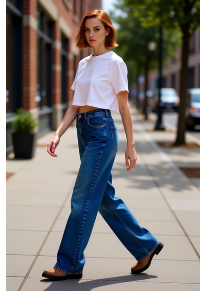 Kadın Yüksek Bel Geniş Paça Denim Pantolon Fonksiyonel Dayanıklı Kaliteli Konforlu Estetik