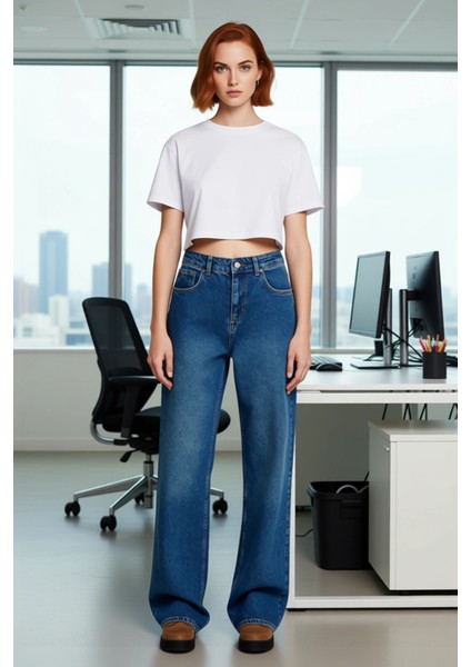 Kadın Yüksek Bel Geniş Paça Denim Pantolon Fonksiyonel Dayanıklı Kaliteli Konforlu Estetik fiyatları