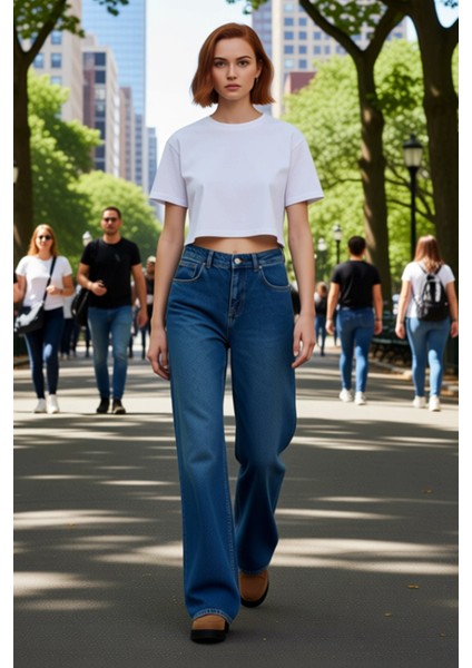 Kadın Yüksek Bel Geniş Paça Denim Pantolon Fonksiyonel Dayanıklı Kaliteli Konforlu Estetik modelleri