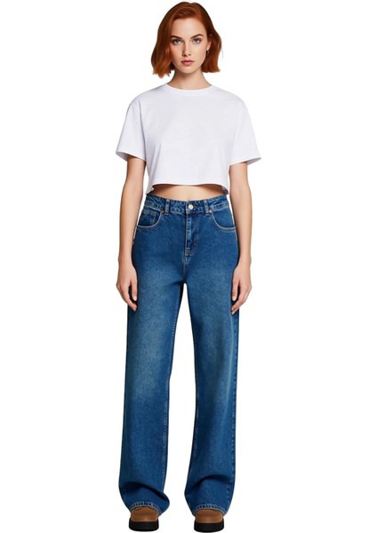 Kadın Yüksek Bel Geniş Paça Denim Pantolon Fonksiyonel Dayanıklı Kaliteli Konforlu Estetik fırsatları