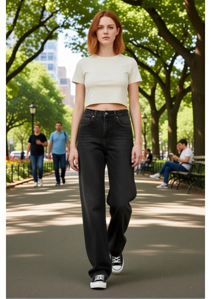 Kadın Antrasit Vintage Yıkama Geniş Paça Jean Pantolon Fonksiyonel Dayanıklı Kaliteli Spor modelleri