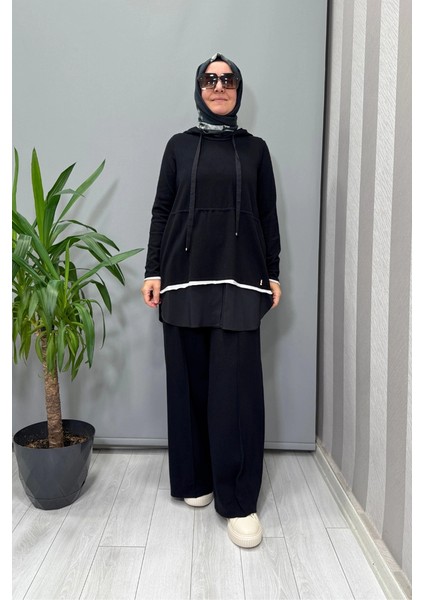 Kapüşonlu Triko Tunik Siyah T25PF-6005