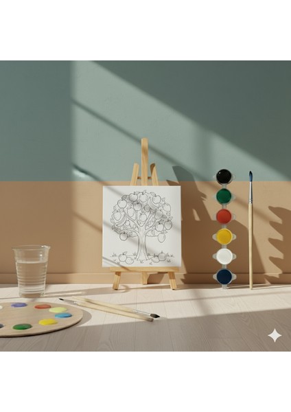 Çocuklar Için Kolay Çizimli Elma Ağacı Baskılı Eğitici ve Eğlenceli Boyama Seti