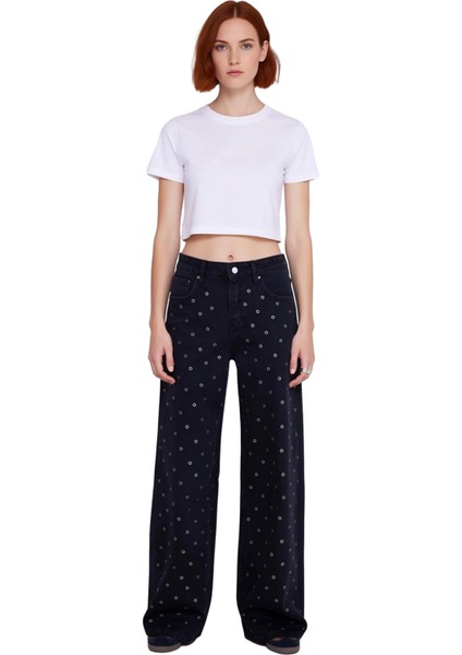 Genç Kadın Desenli Yüksek Bel Geniş Bacak Kot Pantolon Fonksiyonel Dayanıklı Kaliteli Spor