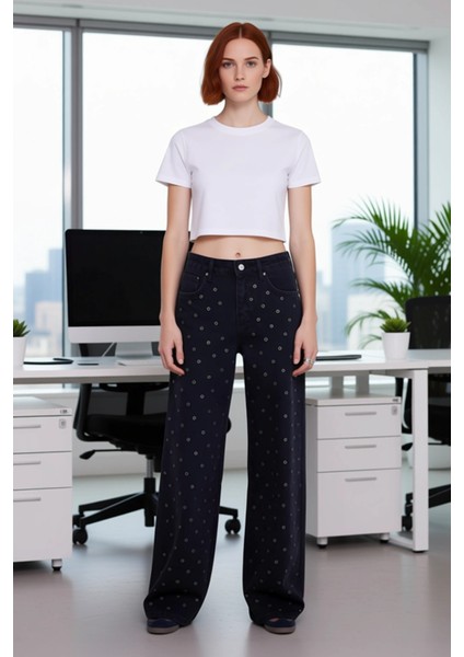 Genç Kadın Desenli Yüksek Bel Geniş Bacak Kot Pantolon Fonksiyonel Dayanıklı Kaliteli Spor modelleri