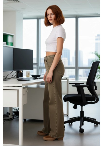 Kadın Haki Wide Leg Denim Pantolon Yüksek Bel Fonksiyonel Dayanıklı Kaliteli Konforlu Spor modelleri