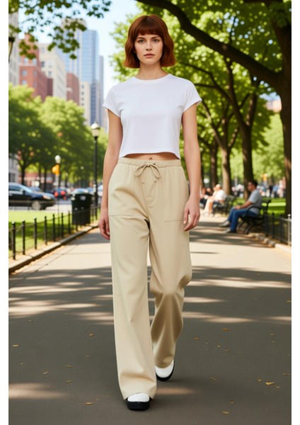 Kadın Keten Görünümlü Yüksek Bel Bol Paça Pantolon Fonksiyonel Dayanıklı Kaliteli Konforlu fırsatları