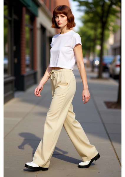 Kadın Keten Görünümlü Yüksek Bel Bol Paça Pantolon Fonksiyonel Dayanıklı Kaliteli Konforlu indirimleri