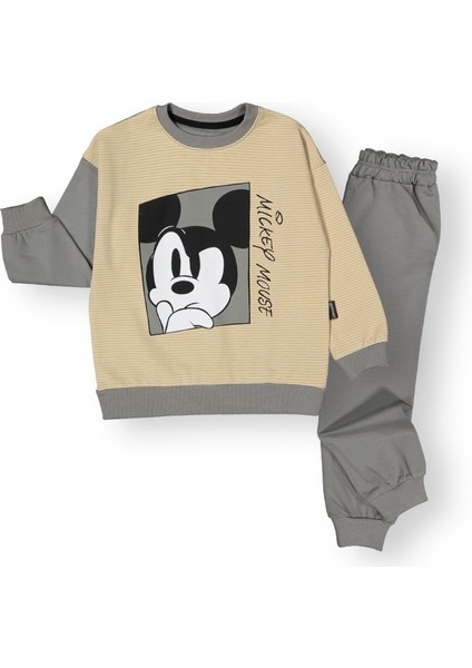 2-5 Yaş Mickey Mouse Baskılı Çizgili Bisiklet Yaka Çocuk Eşofman Takımı | Mevsimlik