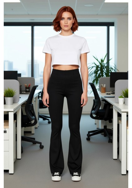 Kadın Nervürlü Yüksek Bel Flare Örme Pantolon Fonksiyonel Dayanıklı Kaliteli Konforlu Spor
