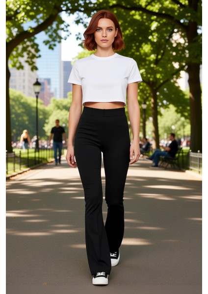 Kadın Nervürlü Yüksek Bel Flare Örme Pantolon Fonksiyonel Dayanıklı Kaliteli Konforlu Spor fiyatları