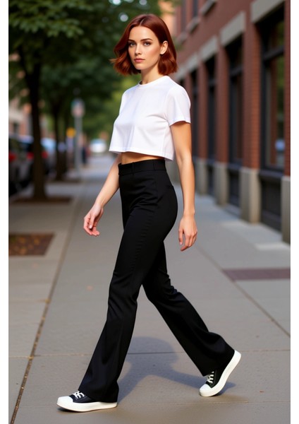 Kadın Nervürlü Yüksek Bel Flare Örme Pantolon Fonksiyonel Dayanıklı Kaliteli Konforlu Spor modelleri