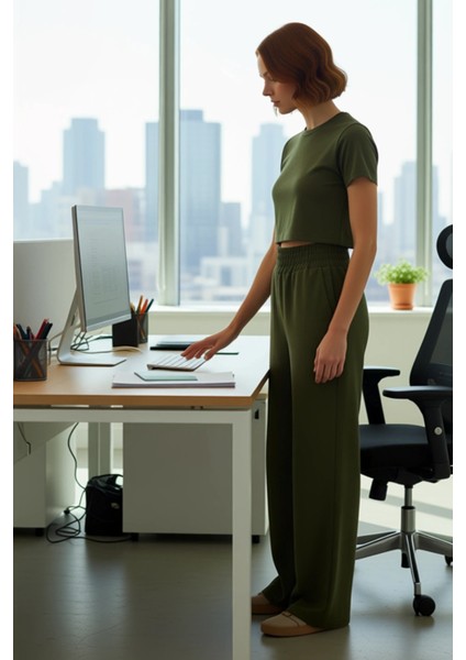 Kadın Haki Wide Leg Lastikli Bel Dokuma Pantolon Fonksiyonel Dayanıklı Kaliteli Konforlu Şık