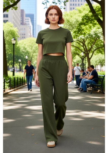 Kadın Haki Wide Leg Lastikli Bel Dokuma Pantolon Fonksiyonel Dayanıklı Kaliteli Konforlu Şık fiyatları