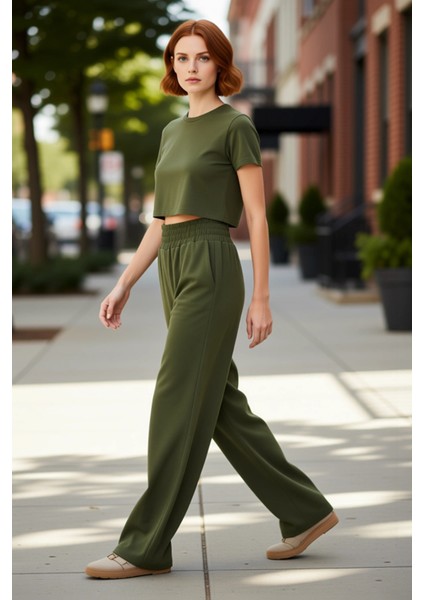 Kadın Haki Wide Leg Lastikli Bel Dokuma Pantolon Fonksiyonel Dayanıklı Kaliteli Konforlu Şık modelleri